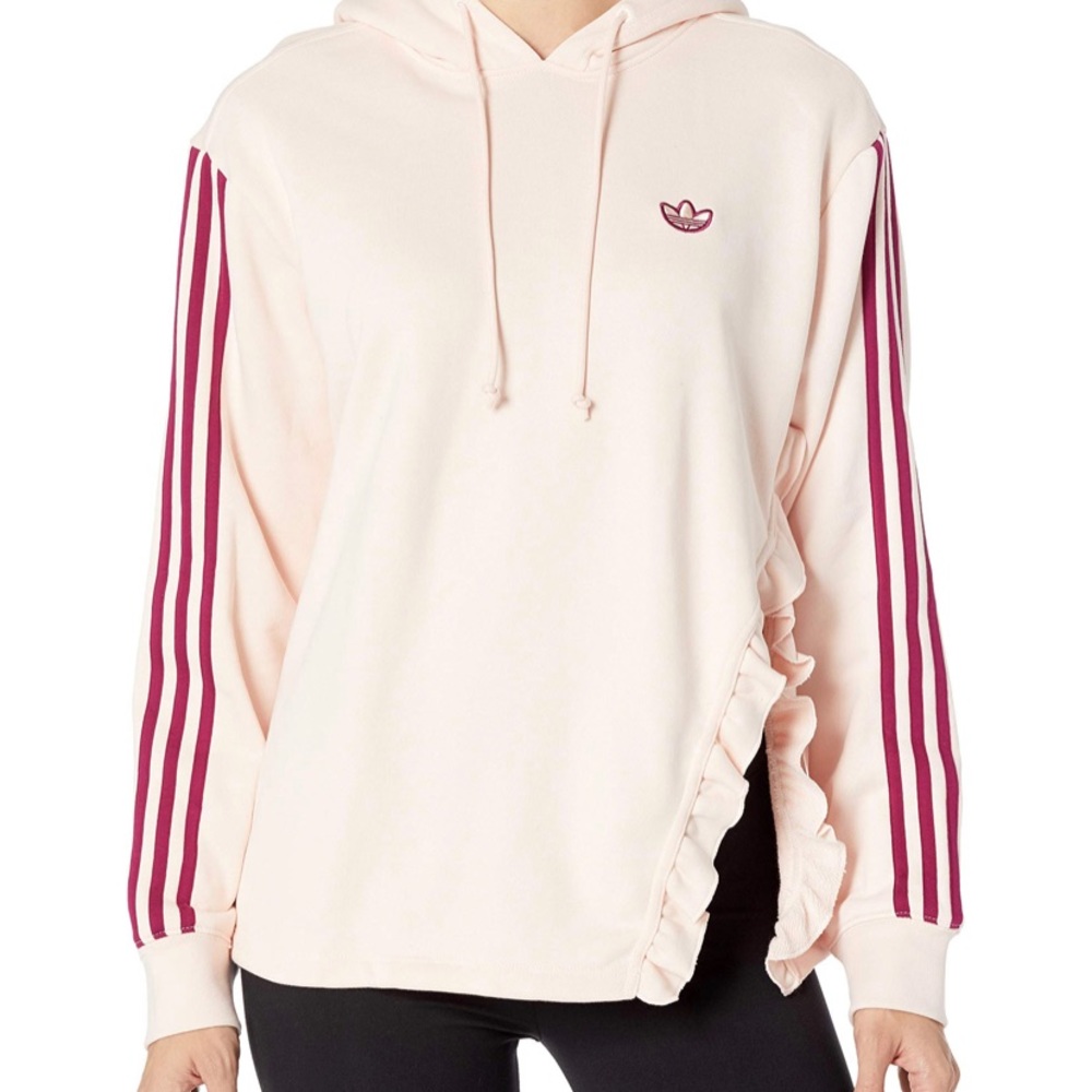 Adidas Women’s Hooded Sweatshirt With 3-Stripe Sleeves and Side Ruffle • XL